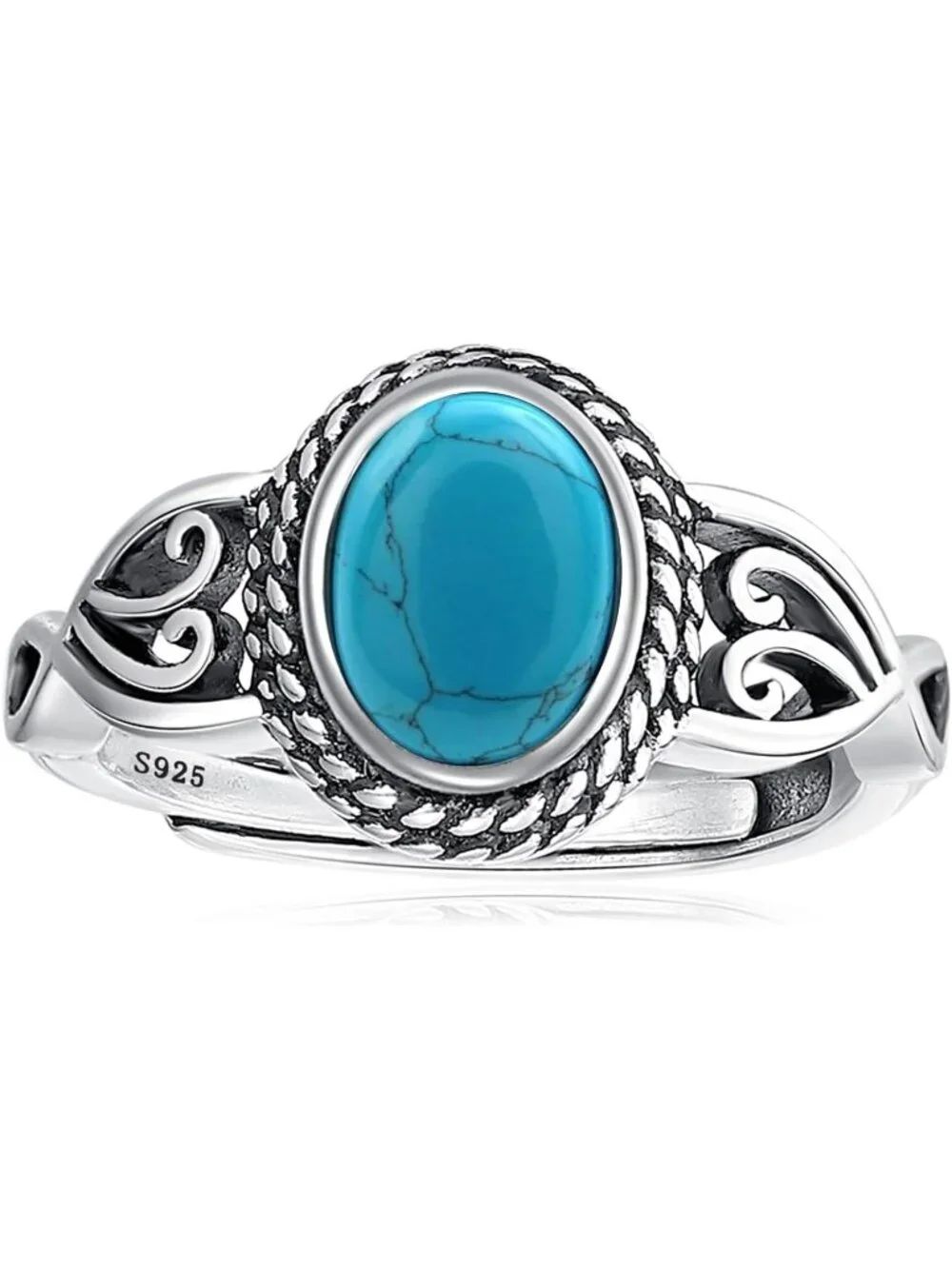 Women's Blue Turquoise 925 Sterling Silver Oval Adjustable Natural Stone Ring